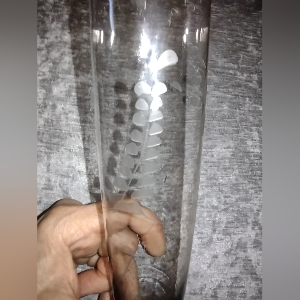 Etched Leaves, Vintage Glass Bud Vase, 10"